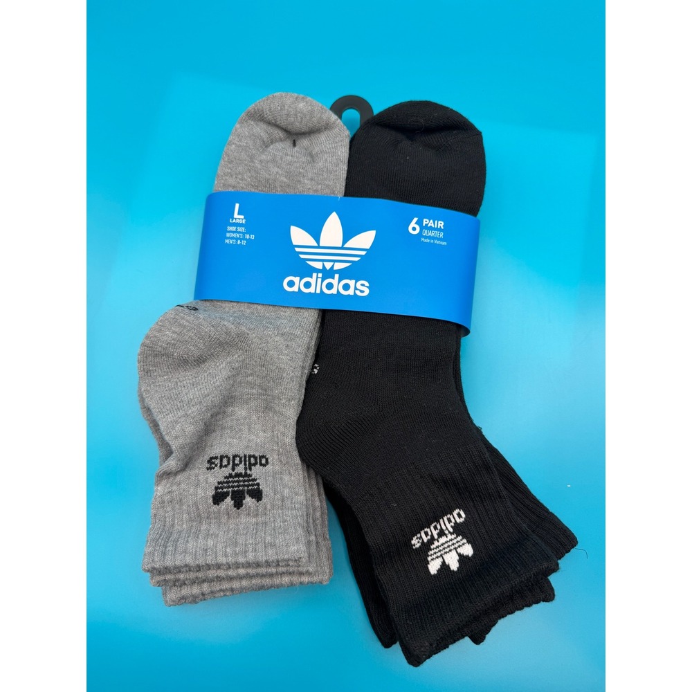 Adidas Quarter Socks Unisex Large Black Grey NWT Trefoil 6 Pair Pack